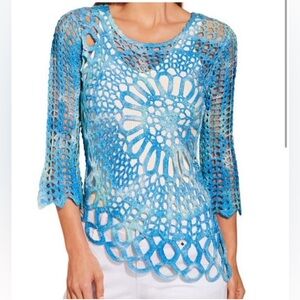 BOSTON PROPER Loose Knit Asymmetrical Top - Shades of tie dyed blue l